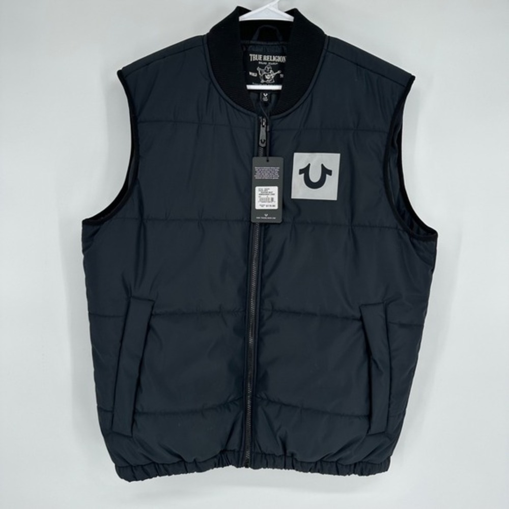 True Religion Mens Puffer Vest Onyx Black Horseshoe Logo 105320 Size‎ L NWT $179